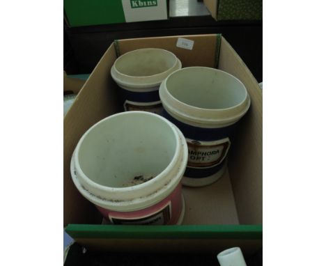 3 Pharmacy ceramic pots for drugs with no lids, pink and white stating ' Camphorang' blue and white 'Camphoropt', blue and wh