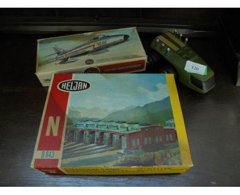 Box containing Heljan plastic model Engage of Engine Shed (unmade), Airfix unmade model of a Super Mystere aeroplane fighter 