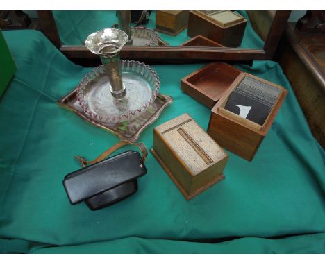 Magpie box containing wooden cigarette table vendor, wooden box with cardboard numbers, vintage camera called Boots Pakmatic 
