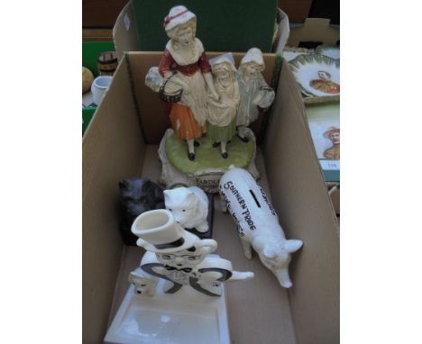 4 advertising items being Yardley Lavendar figure on stand with lady and 2 girls, cast iron Black and White Scotch Whisky wit