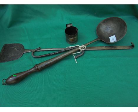 Set of iron kitchen tools, 1 being scoop with wooden handle, iron hook and half gill container with brass plate