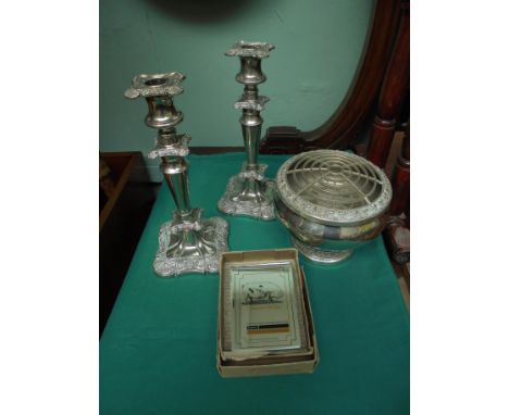 2 ornate metal candlesticks, metal posy bowl and mirrored plate with Gloucester Old Spot pig