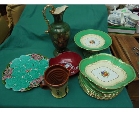 Mixed magpie lot comprising 7 Aynsley plates, matching cake stand and 2 serving dishes, Victorian ceramic handled jug, furthe