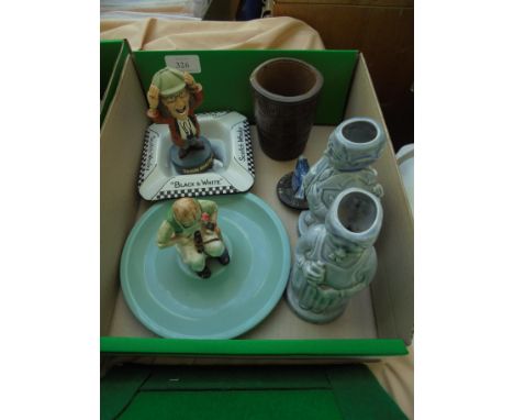 7 smaller advertising items, cobbler mending shoe on dish with Timpsons Fine Shoes to base, ash tray for Black and White whis