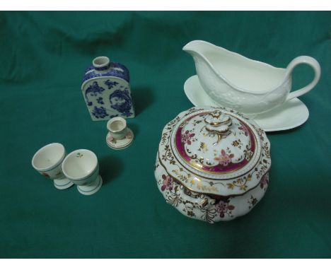 Mixed magpie box comprising lidded bowl with handles, 2 egg cups, white gravy boat on stand, small candleholder stating Dresd