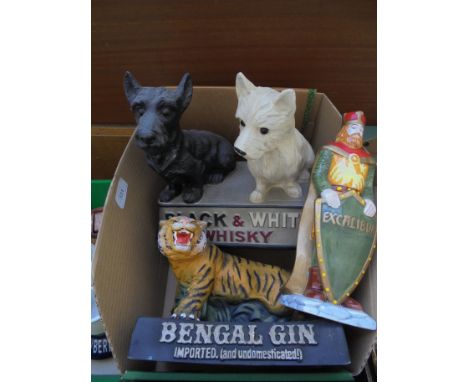 3 large advertising models, 1 being Black and White whisky with 2 dogs, Bengal Gin with model Tiger and ceramic figure of Kni