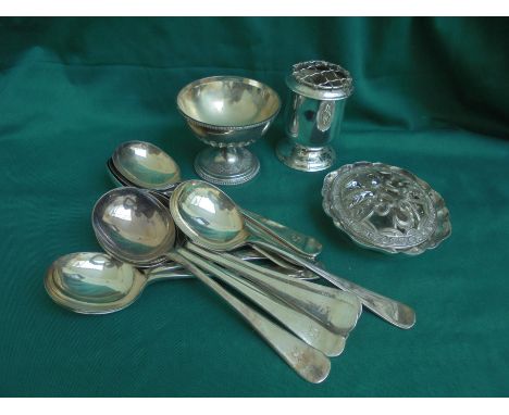 3x small silver plate containers (cut flowers) together with 12x large soup spoons with 'S' initial to handle, hallmarked E. 