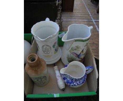 5 Advertising items as follows, small blue and white handled jug Hull Brewery, specially selected scotch whisky, large jug wi