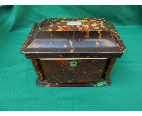 Delightful tortoiseshell tea caddy with velvet lining to lid, silver escutcheon and top plate with tortoiseshell columns to 4