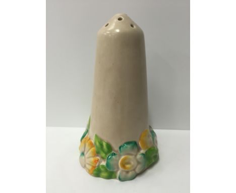 A Clarice Cliff Wilkinson Pottery sugar shaker decorated in an embossed Flower and Leaf pattern to base (14cm).