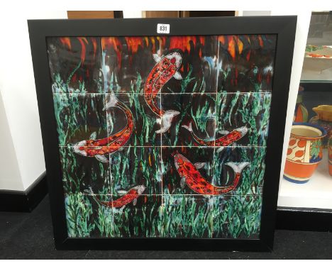 Anita Harris (ex. Poole Pottery paintress): Framed tile panel; Swimming Fish together with an accompanying watercolour (possi