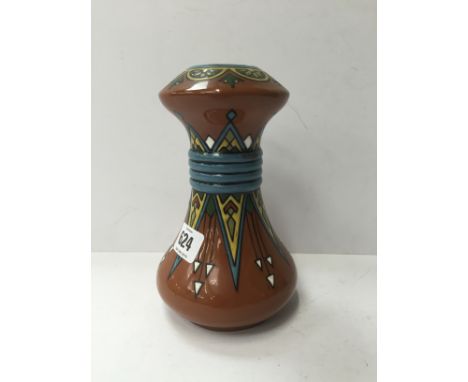 An early 20th century Longwy Secessionist style vase, enamel decorated in a Geometric pattern (glaze faults) (19cm).