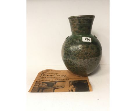 Trevor Corser: A green glazed Art Pottery vase, Leach Pottery, St. Ives with accompanying leaflet about Trefor Corser.