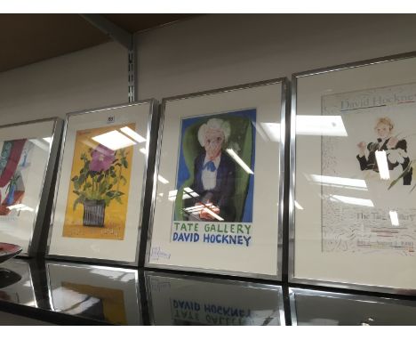 Three framed and glazed David Hockney Gallery Exhibition adverts, Tate Gallery 1980, another Tate Gallery, Los Angeles County