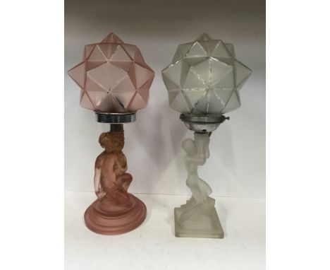 An Art Deco glass table lamp base modelled as a Naked Female Figure with matching cube glass shade together with another fros