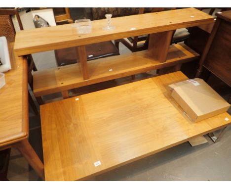 Large low oak coffee table with chrome legs, L: 140 cm, and a matching three shelf bookcase