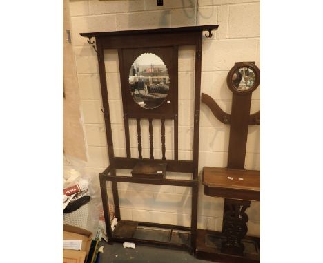 Antique oak hallway coat and stick stand with central mirror, H: 187 cm