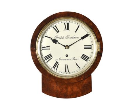 A VICTORIAN FIGURED WALNUT SMALL DROP-DIAL WALL TIMEPIECE WITH 8 INCH DIALTHE DIAL SIGNED FOR BIRKLE BROTHERS, CROYDON, MID 1