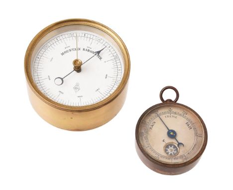 TWO BRASS PRESENTATION ANEROID BAROMETERSBOTH UNSIGNED, DATED 1863 AND 1866The first with 2.5 ich printed paper scale calibra