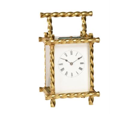 A FRENCH BRASS REPEATING CARRIAGE CLOCKUNSIGNED, PARIS, LATE 19th CENTURYThe eight-day gong striking movement with silvered p