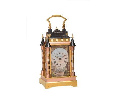 A FINE AND RARE FRENCH MULTI-COLOURED 'CASTLE' CARRIAGE CLOCK WITH PAINTED PORCELAIN PANELSPROBABLY BY JULES BRUNELOT, PARIS,