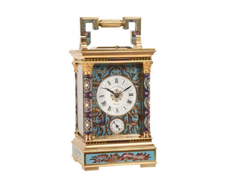 A FINE FRENCH GILT BRASS AND CHAMPLEVE ENAMELLED FIVE-MINUTE REPEATING ALARM CARRIAGE CLOCKRETAILED BY OVINGTON BROTHERS, BRO
