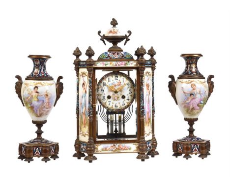 A FINE FRENCH CHAMPLEVE ENAMELLED AND PAINTED PORCELAIN FOUR-GLASS MANTEL CLOCK GARNITURESAMUEL MARTI ET CIE, PARIS, WITH POR