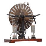 A PINE, NICKEL FINISH BRASS AND BAKELITE WIMSHURST ELECTROSTATIC GENERATING MACHINE