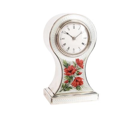 AN EDWARDIAN ENAMELLED SILVER BALLOON-SHAPED MINIATURE MANTEL TIMEPIECEDOUGLAS CLOCK COMPANY LIMITED, BIRMINGHAM 1904The Fren
