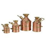 A RARE SET OF FOUR GRADUATED COPPER AND BRASS ‘CHEKPUMP’ COUNTY PETROL MEASURES