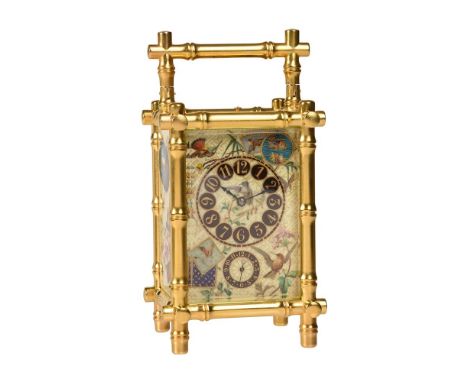 A FINE FRENCH GILT BAMBOO CASED REPEATING ALARM CARRIAGE CLOCK WITH AESTHETIC PORCELAIN PANELS PROBABLY BY A. DUMAS, PARIS, L