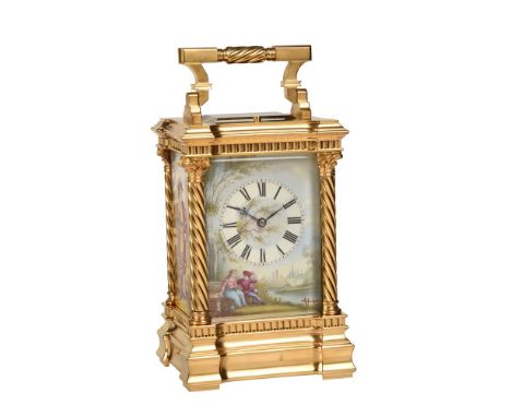 A FINE FRENCH GILT BRASS ANGLAISE RICHE CASED REPEATING CARRIAGE CLOCK WITH PAINTED PORCELAIN PANELSANTOINE REDIER, PARIS, CI