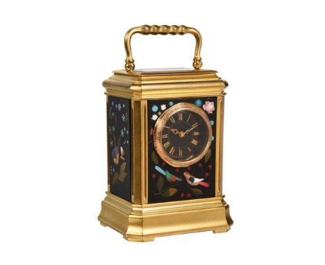 A RARE FRENCH GILT BRASS MINIATURE CARRIAGE TIMEPIECE WITH FINE FLORENTINE PIETRA-DURA PANELSUNSIGNED, PARIS/FLORENCE, LATE 1