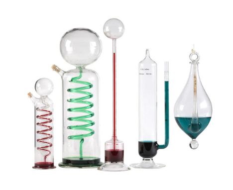 FIVE BLOWN TEMPERED GLASS SIMPLE BAROMETERSPHILLIP COLLINS, LATE 20th CENTURYComprising a tear-drop shaped 'thunder bottle' w