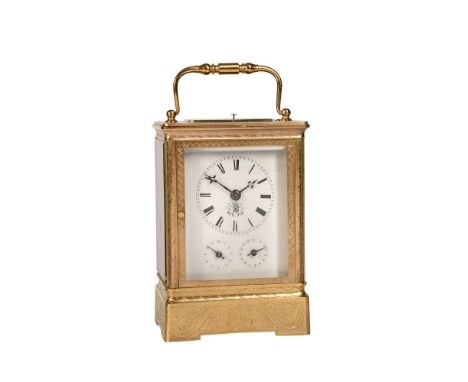 A FINE SWISS ENGRAVED GILT BRASS PETIT-SONNERIE STRIKING AND REPEATING GIANT CALENDAR ALARM CARRIAGE CLOCKUNSIGNED, PROBABLY 