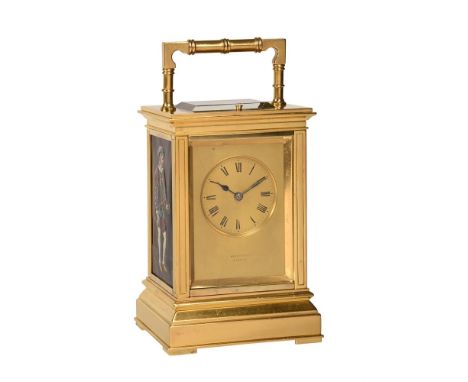 A FINE GILT BRASS REPEATING CARRIAGE CLOCK INSET WITH LIMOGES ENAMEL PANELSGAY, LAMAILLE AND COMPANY, PARIS, FOR RETAIL BY HA
