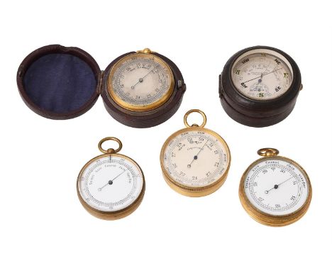 A GROUP OF FIVE ANEROID POCKET BAROMETERSALL UNSIGNED, LATE 19th CENTURYAll with 1.75 inch circular registers calibrated in b