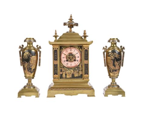 A FRENCH GILT BRASS MANTEL CLOCK GARNITURE IN THE CHINESE TASTE WITH MUTLI-COLOUR RELIEF PANELSACHILLE BROCOT, PARIS, CIRCA 1