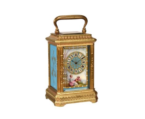 A FINE FRENCH ENGRAVED GILT BRASS PORCELAIN PANEL INSET MINIATURE CARRIAGE TIMEPIECE UNSIGNED, PARIS, CIRCA 1880The rectangul