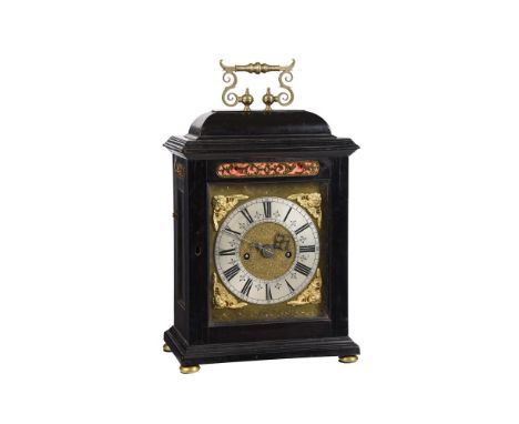 Y A WILLIAM III EBONY TABLE CLOCK THE MOVEMENT SIGNED FOR JOSHUA WILSON, LONDON, CIRCA 1700 AND LATERThe six finned pillar tw