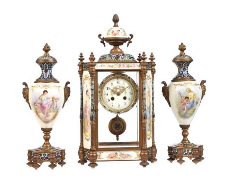 A FINE FRENCH CHAMPLEVE ENAMELLED AND PAINTED PORCELAIN FOUR-GLASS MANTEL CLOCK GARNITURESAMUEL MARTI ET CIE, PARIS, WITH POR