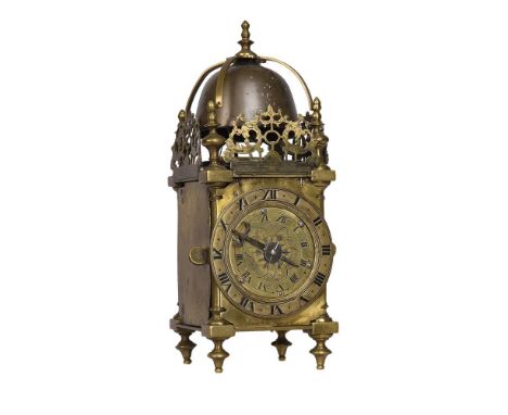 AN INTERESTING BRASS MINIATURE HOUR-STRIKING LANTERN CLOCK WITH ALARMTHE DIAL BEARING A SIGNATURE FOR THOMAS HOWS AND DATE FO