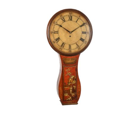 A GEORGE III STYLE SCARLET JAPANNED TAVERN TIMEPIECETHE CASE BEARING A SIGNATURE FOR GEORGE ALLETT, LONDON, THE MOVEMENT LATE