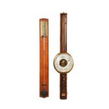 A SNAKEWOOD MERCURY STICK BAROMETER AND OAK DEMONTRATION WHEEL BAROMETER