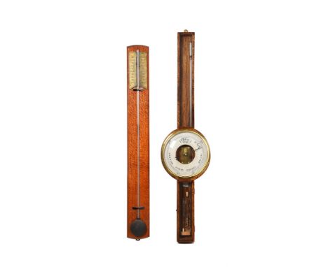 A SNAKEWOOD MERCURY STICK BAROMETER AND OAK DEMONTRATION WHEEL BAROMETER THE STICK BAROMETER BY D.C. HARBEN, KESTON, DATED 19