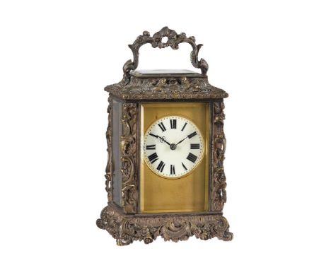 A FRENCH SCULPTED SILVERED BRASS ROCOCO STYLE CARRIAGE CLOCK WITH REPEATUNSIGNED, LATE 19th CENTURY The eight-day two train g