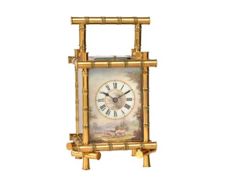 A FRENCH GILT BAMBOO CASED REPEATING CARRIAGE CLOCK WITH PAINTED PORCELAIN DIALUNSIGNED, PARIS, LATE 19th CENTURYThe eight-da