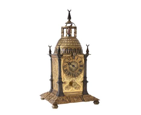 A FINE GERMAN RENAISSANCE GILT COPPER, STEEL AND BRASS ALARM TABLE CLOCK WITH AUTOMATON STAMPED WITH MAKER'S INITIALS A.S. PO