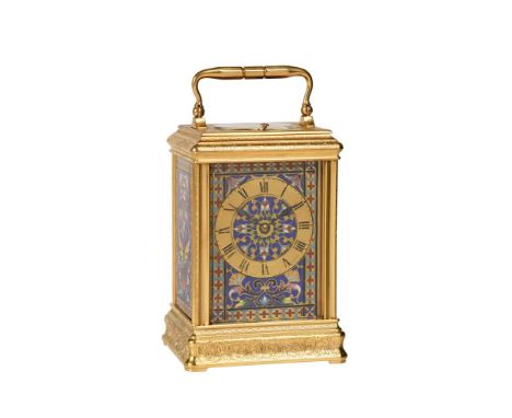 A FINE FRENCH ENGRAVED GILT BRASS AND CLOISONNE ENAMELLED REPEATING CARRIAGE CLOCKDROCOURT, PARIS, CIRCA 1875The two train ei