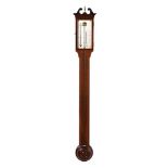 AN UNUSUAL GEORGE III STYLE CHEVRON-STRUNG MAHOGANY ANEROID FLUID TUBE STICK BAROMETER